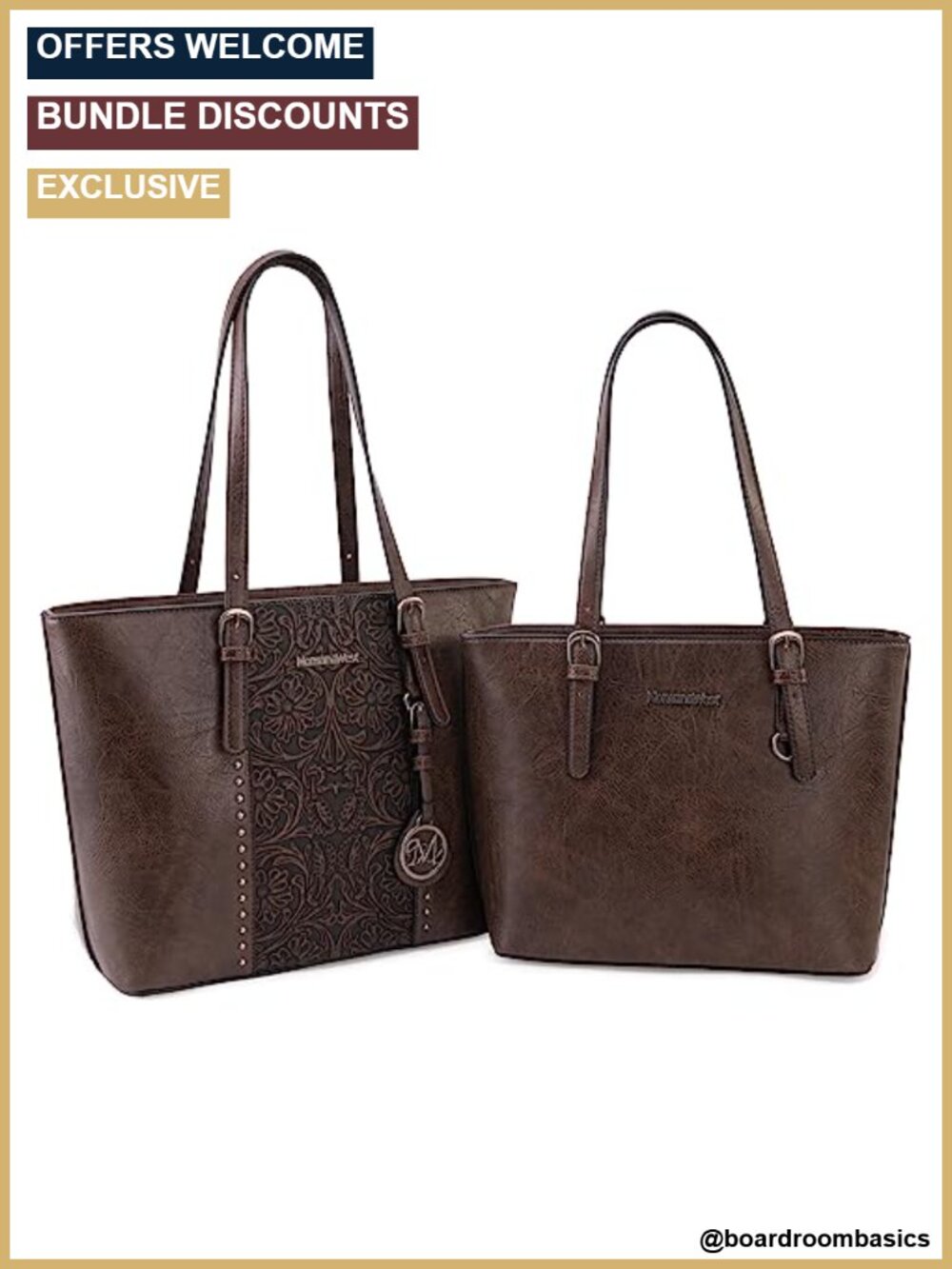 Vintage Embossed Tote Bag Set 2Pcs Vegan Leather Shoulder Bag